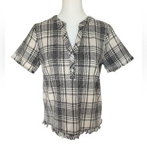 GREYLIN Revolve Plaid Knit Short Sleeve V-Neck Top - Size Small